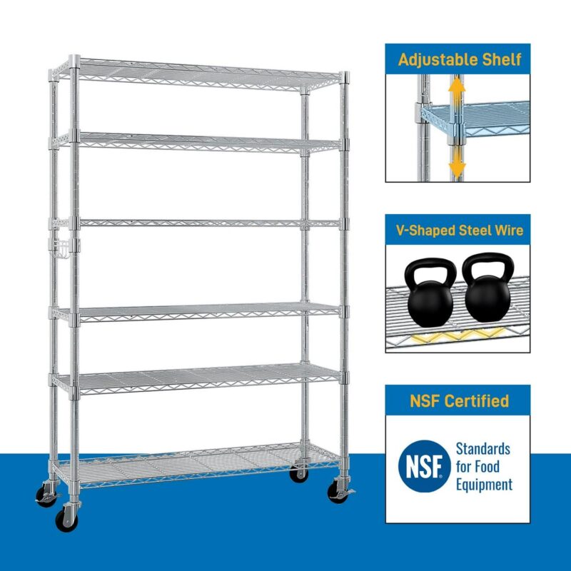 Ktaxon 6 Tier Wire Shelving with Wheels, 46 D x 18 W x 82 H Multifunctional Storage Rack Metal Garage Shelves Organizer, Capacity for 900lbs, Silver - Image 7