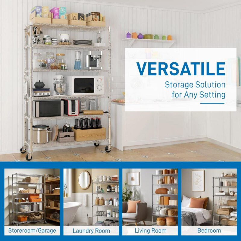 Ktaxon 6 Tier Wire Shelving with Wheels, 46 D x 18 W x 82 H Multifunctional Storage Rack Metal Garage Shelves Organizer, Capacity for 900lbs, Silver - Image 3