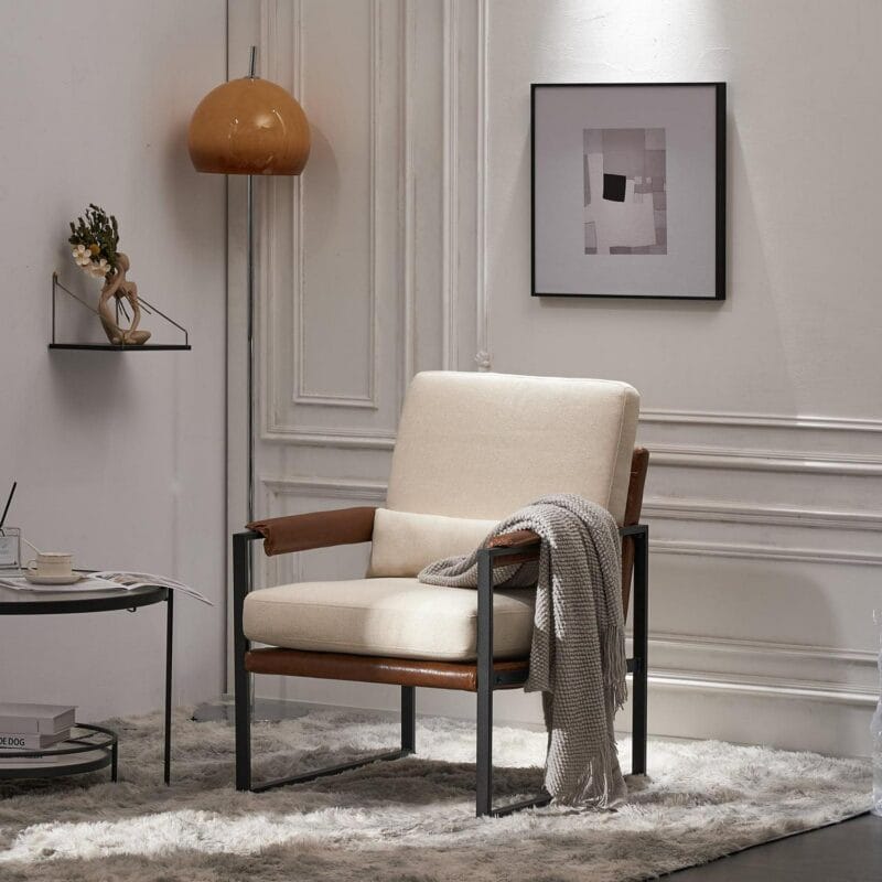 Ktaxon Accent Chair Lounge Armchair Modern Linen Fabric Upholstered Single Sofa with Black Coated Metal Frame Creamy White and Brown - Image 9