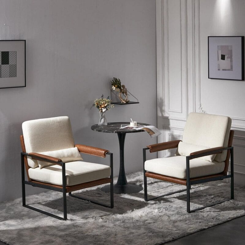 Ktaxon Accent Chair Lounge Armchair Modern Linen Fabric Upholstered Single Sofa with Black Coated Metal Frame Creamy White and Brown - Image 7