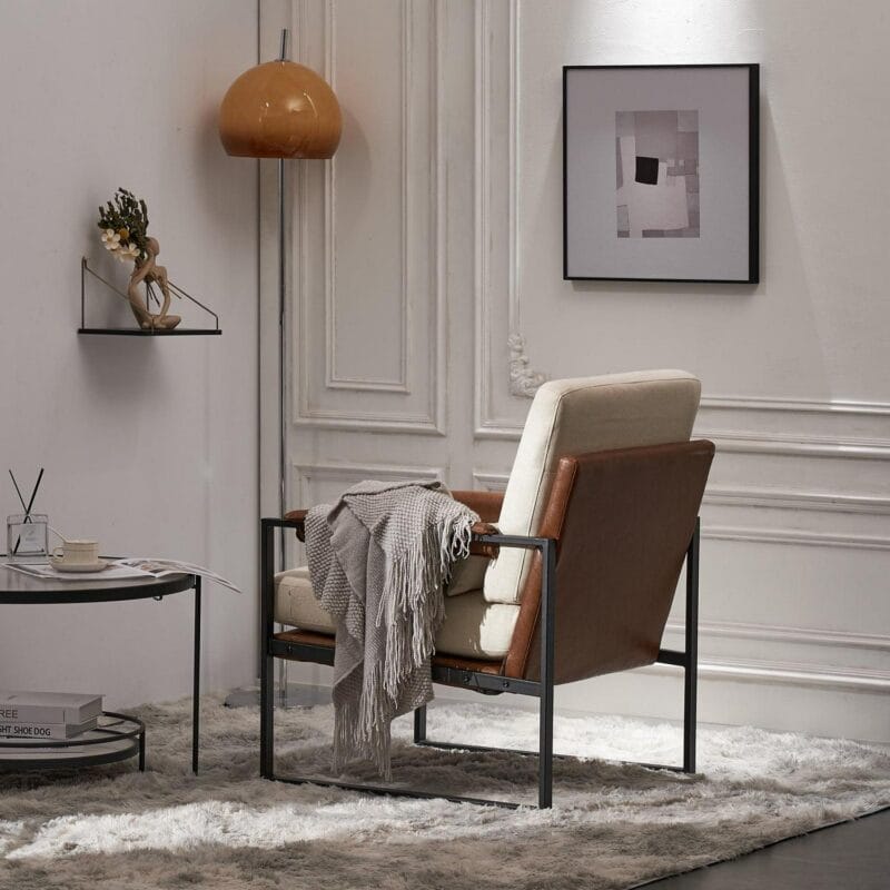 Ktaxon Accent Chair Lounge Armchair Modern Linen Fabric Upholstered Single Sofa with Black Coated Metal Frame Creamy White and Brown - Image 8