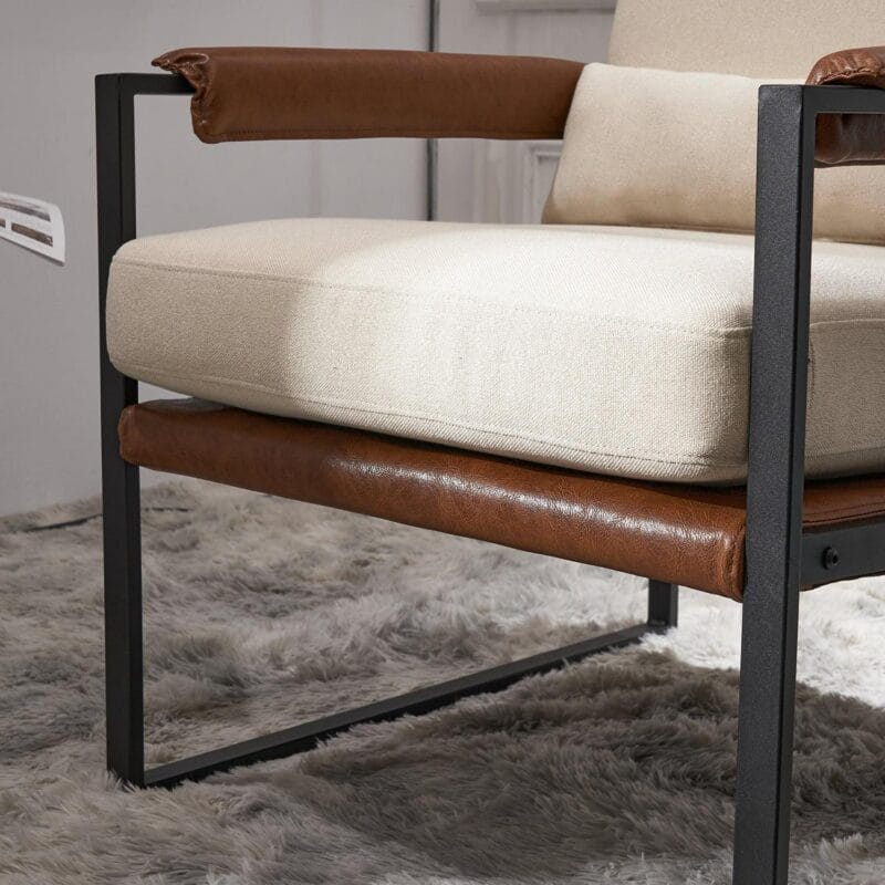Ktaxon Accent Chair Lounge Armchair Modern Linen Fabric Upholstered Single Sofa with Black Coated Metal Frame Creamy White and Brown - Image 4