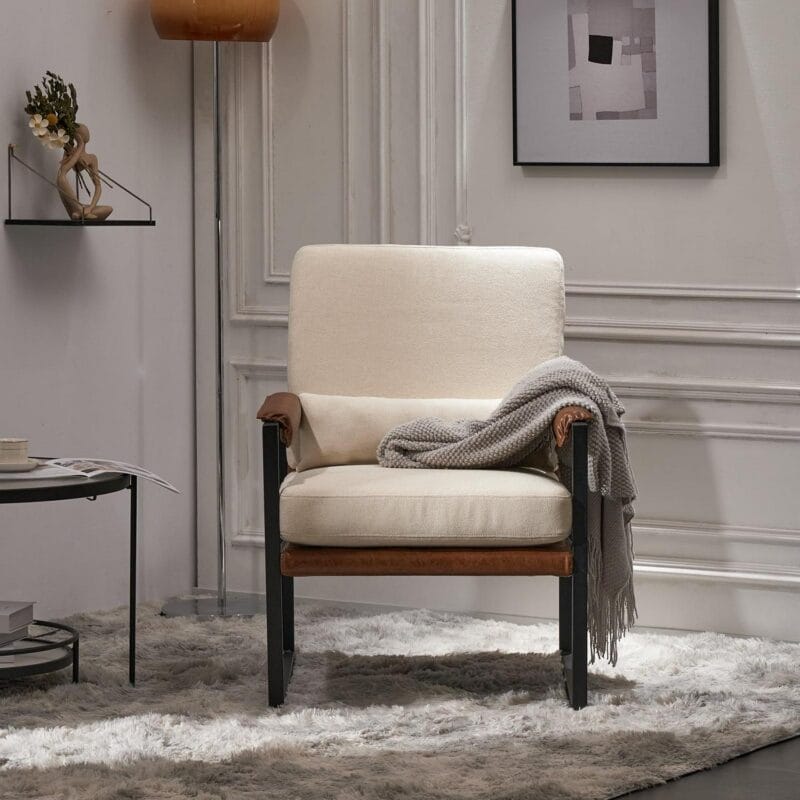 Ktaxon Accent Chair Lounge Armchair Modern Linen Fabric Upholstered Single Sofa with Black Coated Metal Frame Creamy White and Brown - Image 10