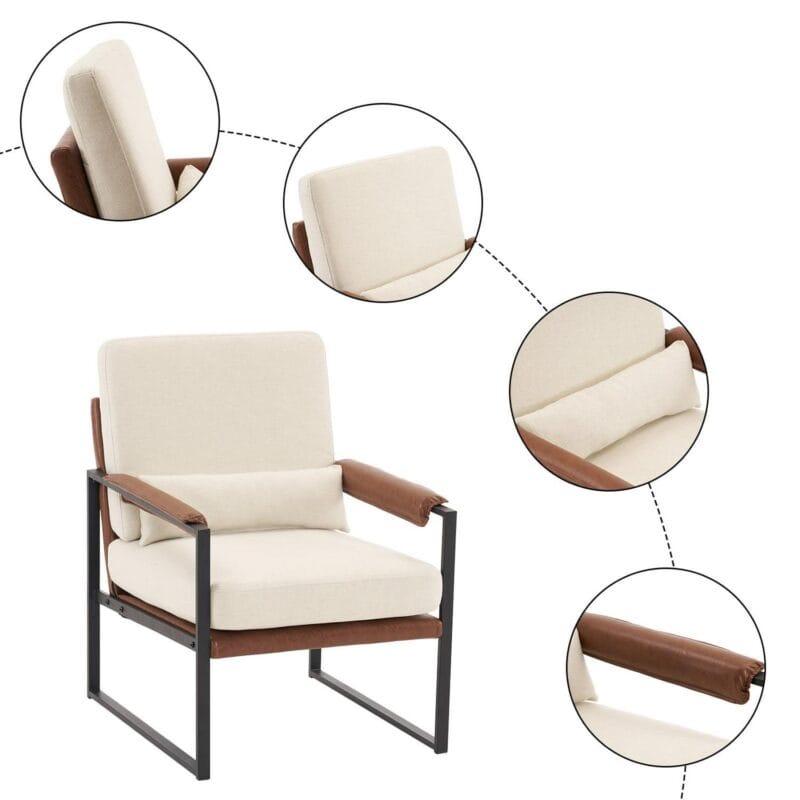 Ktaxon Accent Chair Lounge Armchair Modern Linen Fabric Upholstered Single Sofa with Black Coated Metal Frame Creamy White and Brown - Image 3