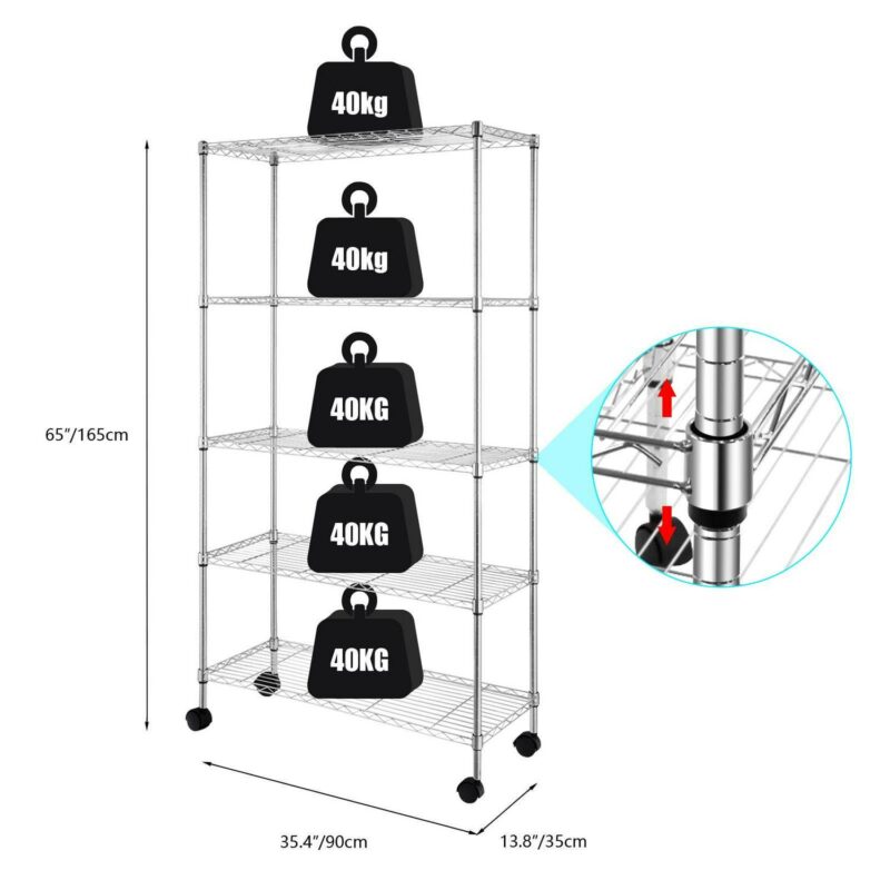 Ktaxon Commercial 5 Tier Storage Rack, Adjustable Rolling Metal Garage Shelving Chrome, 35''L x 14''W x 65''H, Capacity for 1000lbs - Image 6