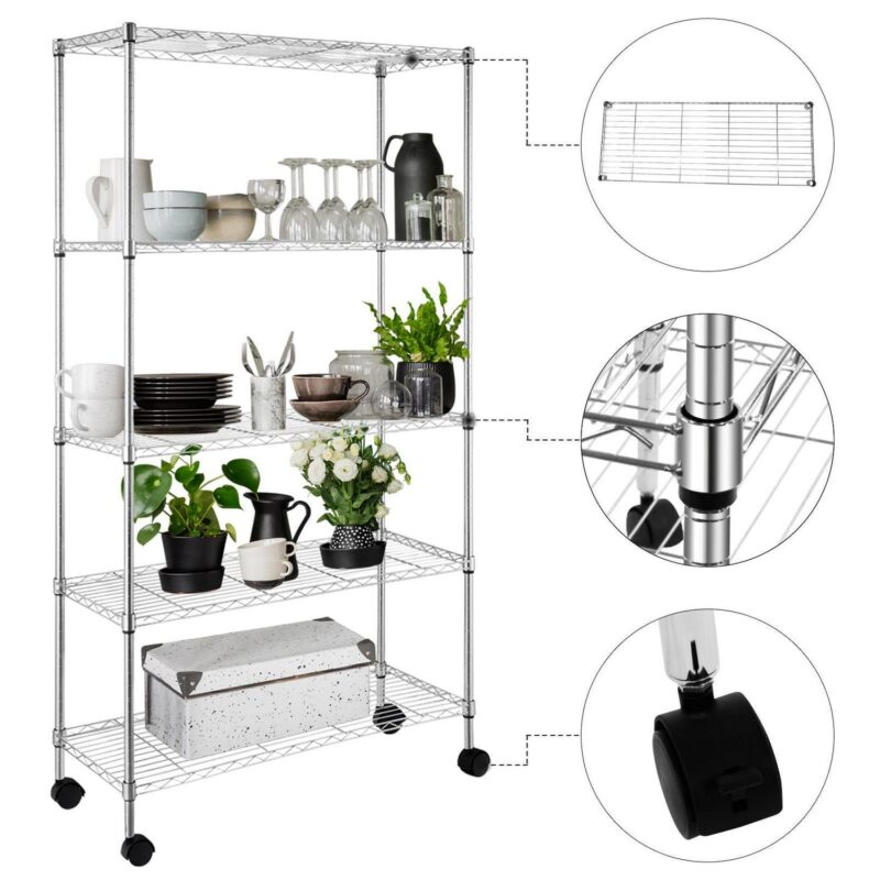 Ktaxon Commercial 5 Tier Storage Rack, Adjustable Rolling Metal Garage Shelving Chrome, 35''L x 14''W x 65''H, Capacity for 1000lbs - Image 7