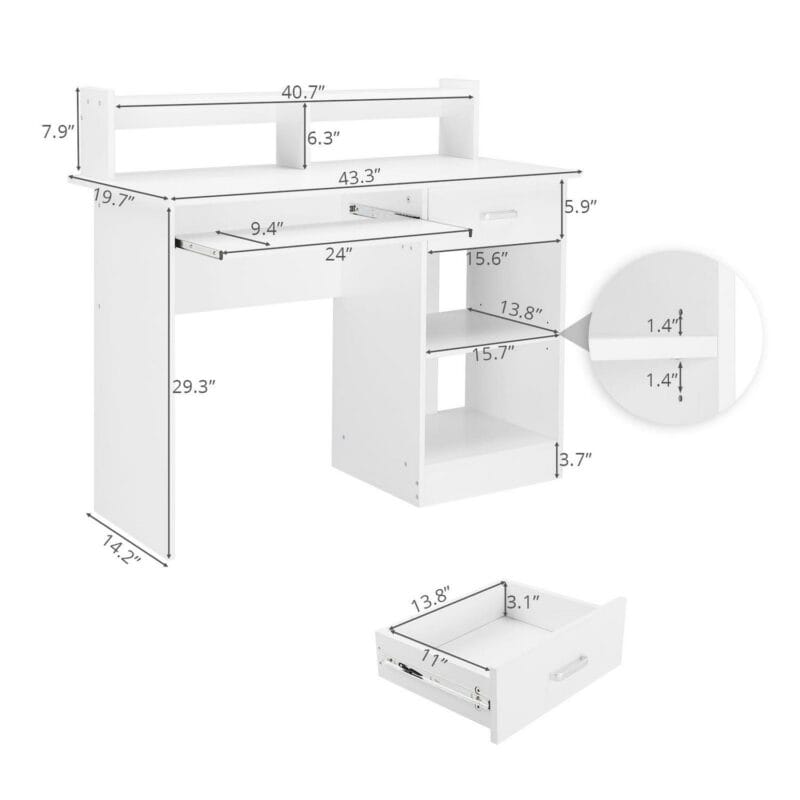 Ktaxon Computer Desk Home Office Workstation Laptop Table Drawer Shelf Furniture White - Image 7