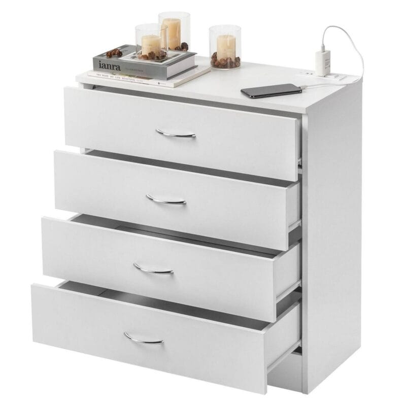 Ktaxon Dresser with 2 Power Outlets and 2 USB, Chest of 4 Drawers, Vanity dresser for Bedroom, Living Room, White