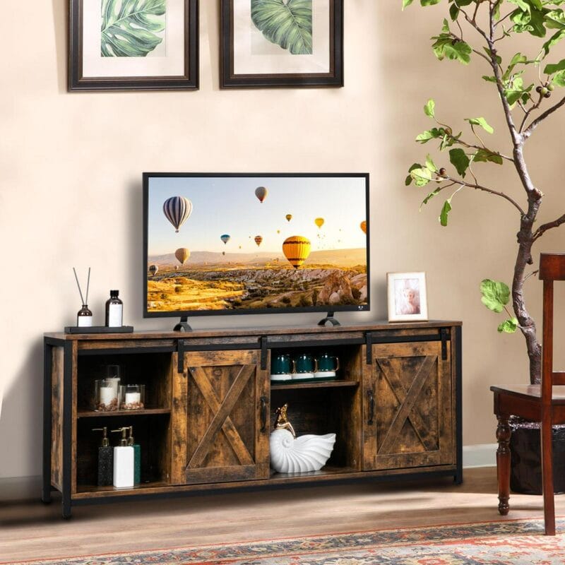 Ktaxon Farmhouse TV Stand for 65'' TVs, Modern Wooden Entertainment Centers, TV Console Cabinet with Adjustable Shelves, Rustic Brown