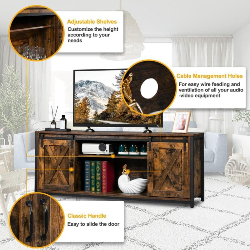 Ktaxon Farmhouse TV Stand for 65'' TVs, Modern Wooden Entertainment Centers, TV Console Cabinet with Adjustable Shelves, Rustic Brown - Image 3