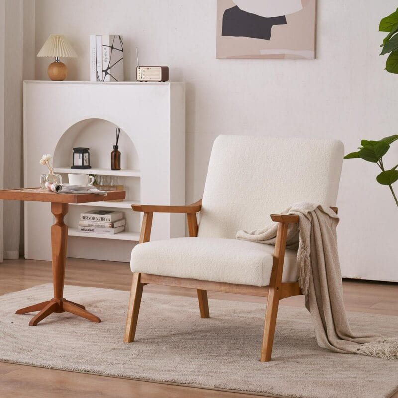 Ktaxon Mid-Century Modern Arm Chair with Solid Wood Frame,Teddy Velvet Fabric Club Chair,Beige - Image 3