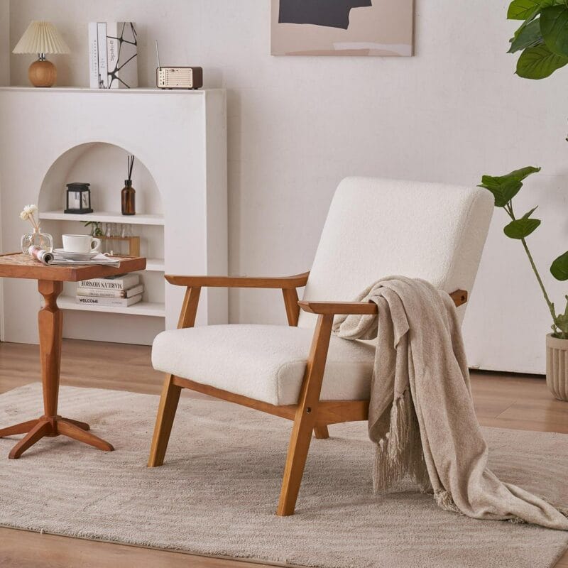 Ktaxon Mid-Century Modern Arm Chair with Solid Wood Frame,Teddy Velvet Fabric Club Chair,Beige - Image 5