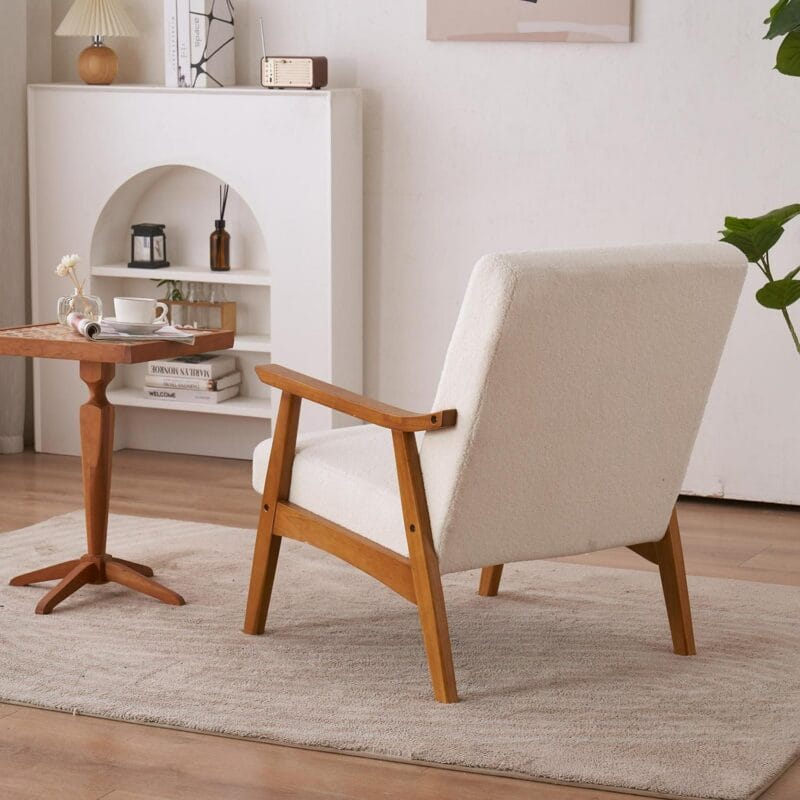 Ktaxon Mid-Century Modern Arm Chair with Solid Wood Frame,Teddy Velvet Fabric Club Chair,Beige - Image 6