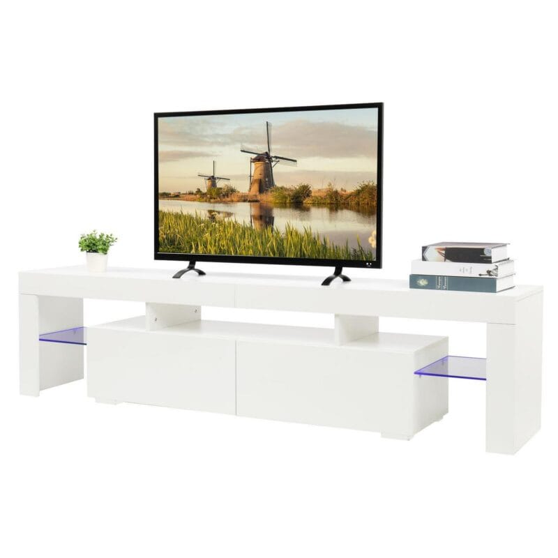 Ktaxon Modern TV Stand for up to 60'' TVs, Media Console Cabinet LED Shelves with 2 Drawers for Living Room Storage Entertainment Center, White - Image 5