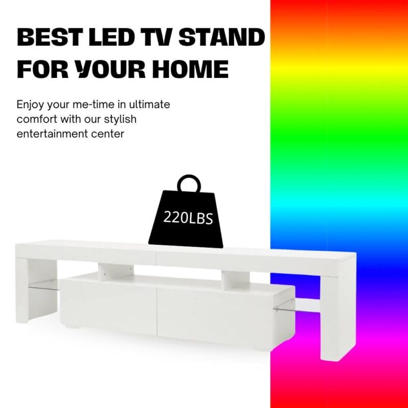 Ktaxon Modern TV Stand for up to 60'' TVs, Media Console Cabinet LED Shelves with 2 Drawers for Living Room Storage Entertainment Center, White - Image 3