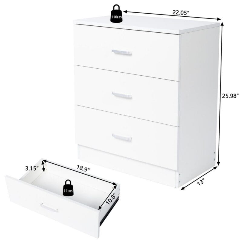 Ktaxon Modern White 3 Drawer Dresser Bedroom White Finish - Image 10