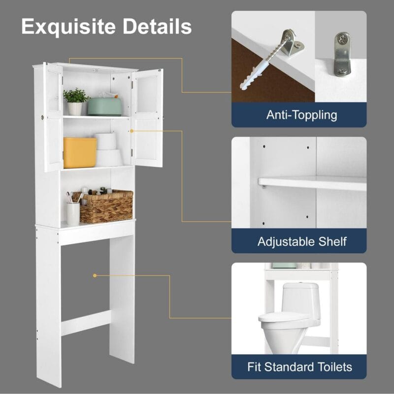 Ktaxon Over the Toilet Bathroom Storage Cabinet Space Saver with 2 Doors and 3 Storage Shelves, White Finish - Image 8