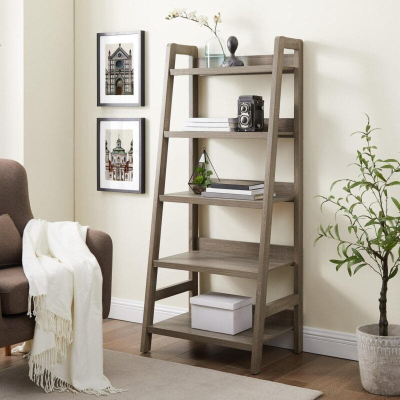 Linon Myrtis 5-Shelf Ladder Bookcase, 60.38  Tall, Gray Finish