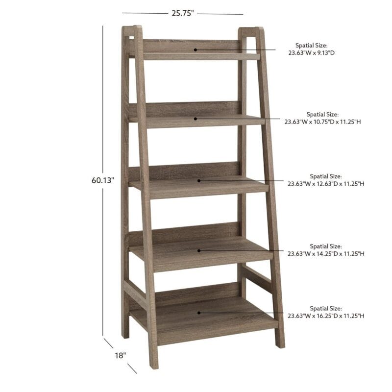 Linon Myrtis 5-Shelf Ladder Bookcase, 60.38  Tall, Gray Finish - Image 15