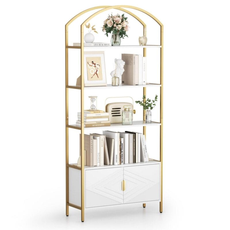 MARNUR 71  Tall Bookshelf, 4-Tier Bookcase with Storage Cabinet, Elegant Arched Metal Bookcase for Living Room Bedroom Home Office - Image 2