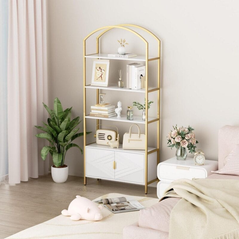 MARNUR 71  Tall Bookshelf, 4-Tier Bookcase with Storage Cabinet, Elegant Arched Metal Bookcase for Living Room Bedroom Home Office - Image 6