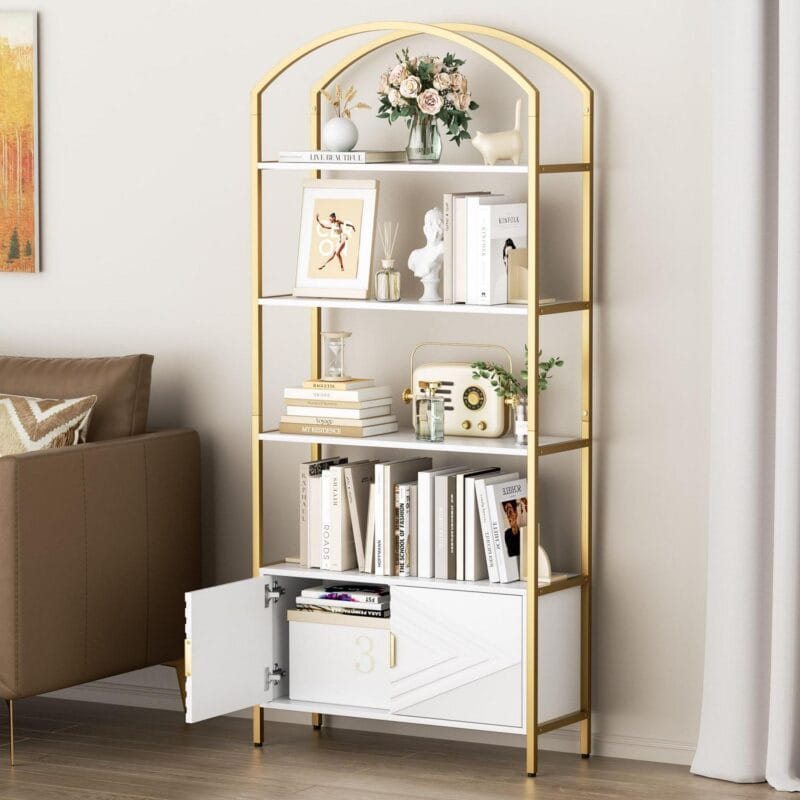 MARNUR 71  Tall Bookshelf, 4-Tier Bookcase with Storage Cabinet, Elegant Arched Metal Bookcase for Living Room Bedroom Home Office - Image 7