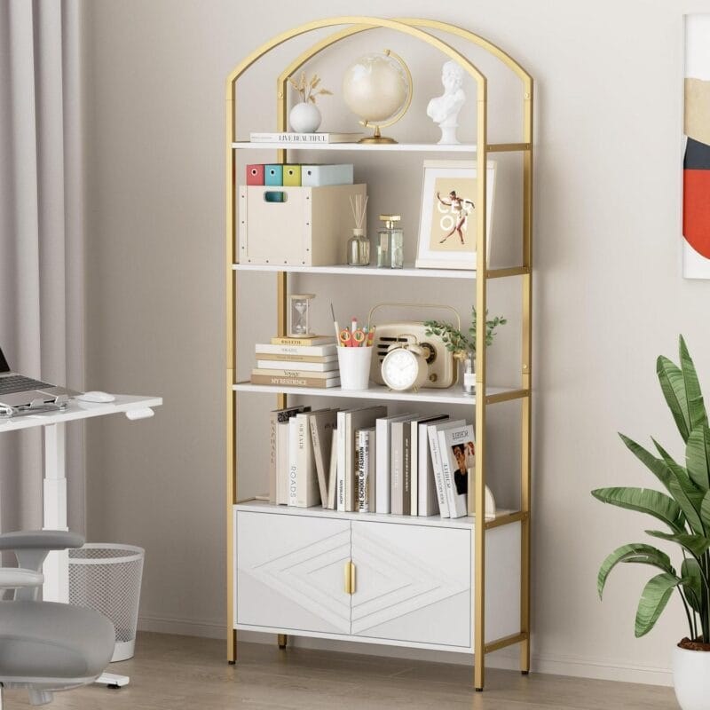 MARNUR 71  Tall Bookshelf, 4-Tier Bookcase with Storage Cabinet, Elegant Arched Metal Bookcase for Living Room Bedroom Home Office