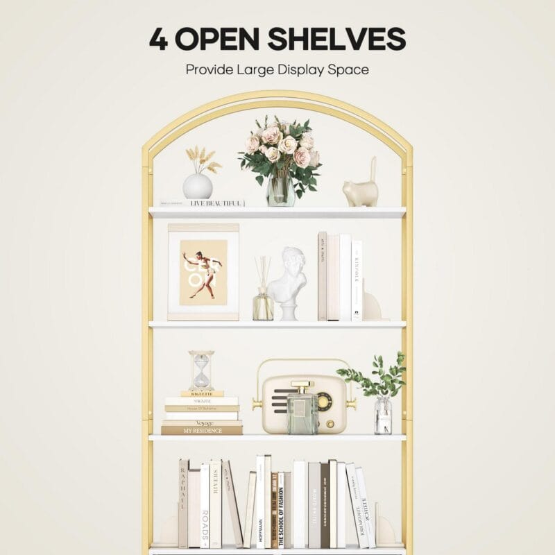 MARNUR 71  Tall Bookshelf, 4-Tier Bookcase with Storage Cabinet, Elegant Arched Metal Bookcase for Living Room Bedroom Home Office - Image 3