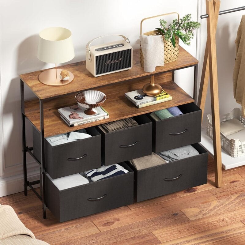 MONVANE 40 inches TV Stand for 45  TV, Dresser Drawers Entertainment Center with Shelves for Bedroom, Living Room,Black - Image 2