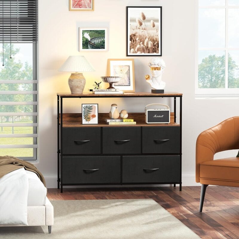 MONVANE 40 inches TV Stand for 45  TV, Dresser Drawers Entertainment Center with Shelves for Bedroom, Living Room,Black - Image 3