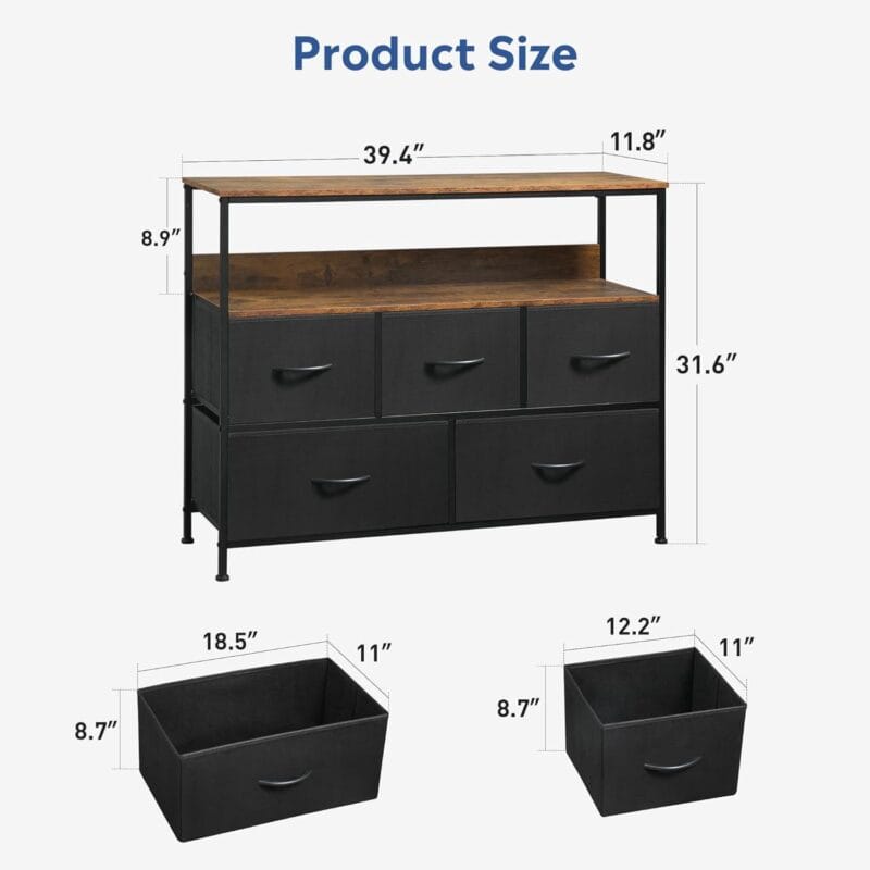 MONVANE 40 inches TV Stand for 45  TV, Dresser Drawers Entertainment Center with Shelves for Bedroom, Living Room,Black - Image 5