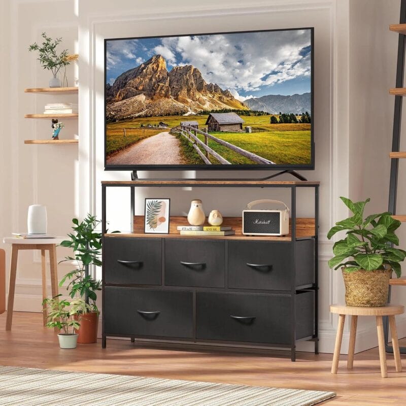 MONVANE 40 inches TV Stand for 45  TV, Dresser Drawers Entertainment Center with Shelves for Bedroom, Living Room,Black - Image 4