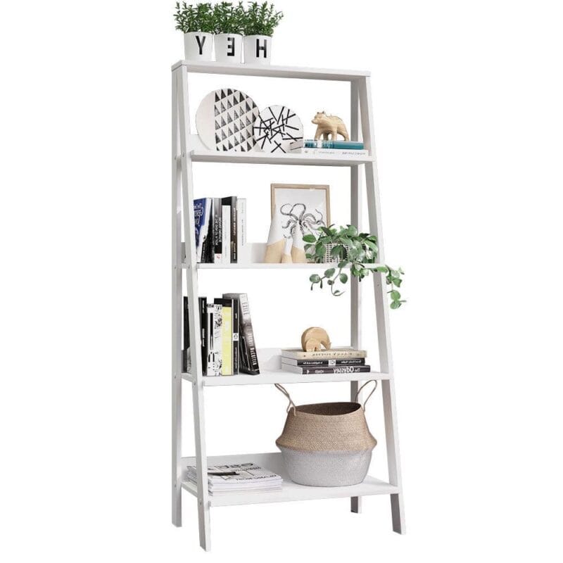 Madesa Modern 5-Tier Ladder Shelf Pantry Storage Space 24 Inch Wooden Free Standing Bookshelf Utility Shelves for Home Office Study Room and Kitchen - White - Image 5