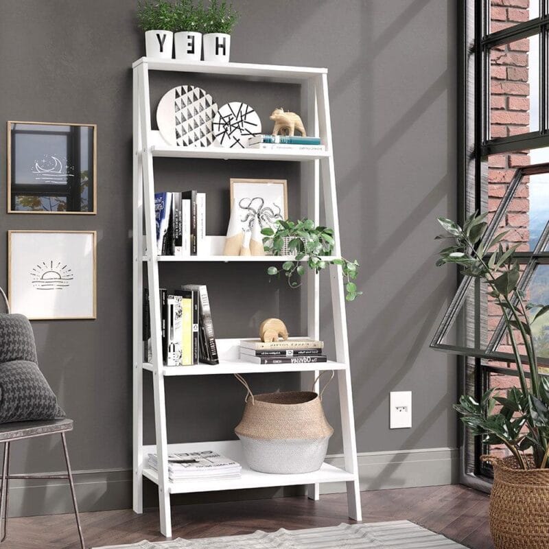 Madesa Modern 5-Tier Ladder Shelf Pantry Storage Space 24 Inch Wooden Free Standing Bookshelf Utility Shelves for Home Office Study Room and Kitchen - White
