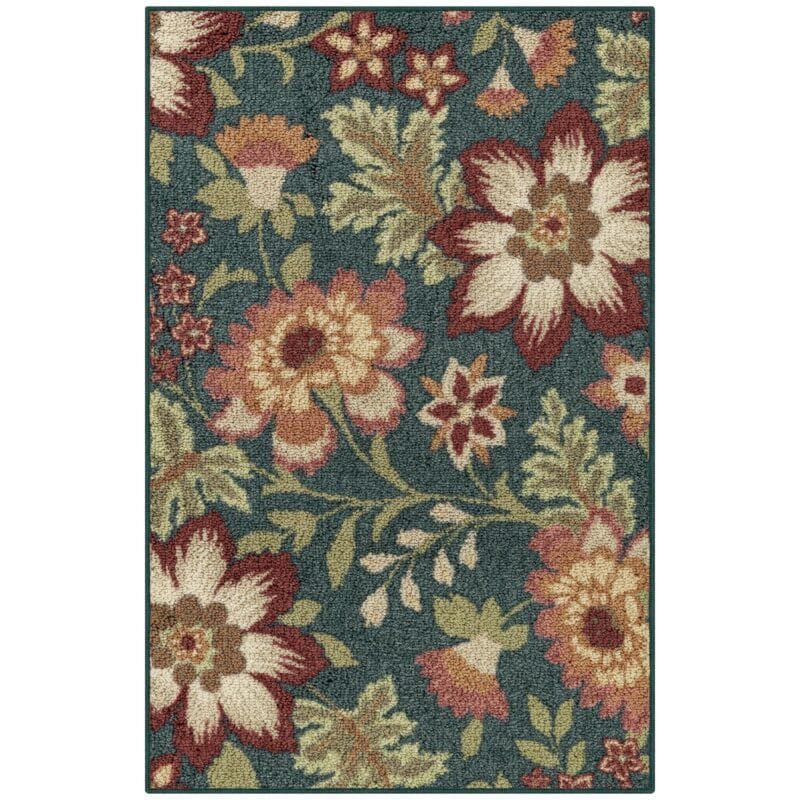 Mainstays Farmhouse Oversized Floral Teal Indoor Accent Rug, 1'8 x2'10