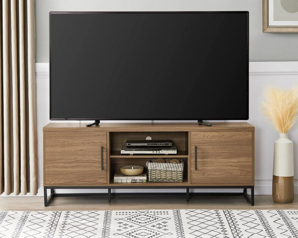 Mainstays Industrial TV Stand for TVs up to 70 , Canyon Walnut Finish - Image 2
