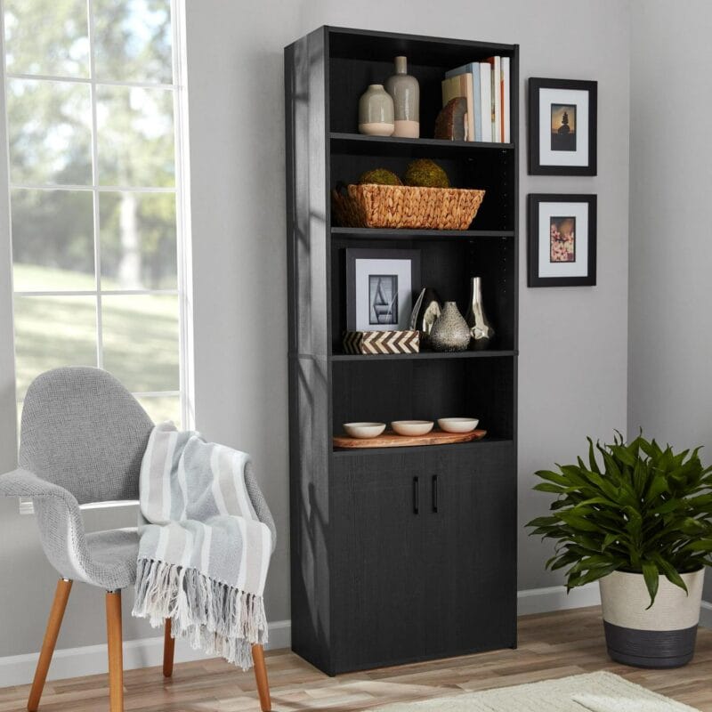 Mainstays Traditional 5 Shelf Bookcase with Doors, Black Finish - Image 2