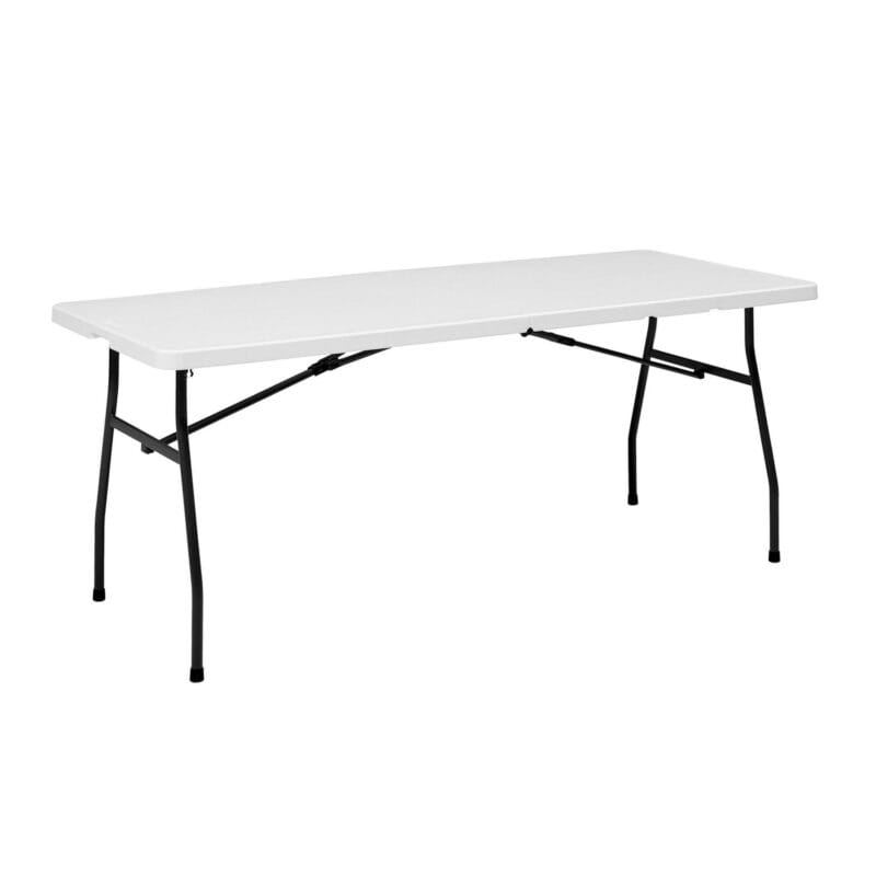 Mainstays White 6 Foot Fold-in-Half Plastic Table, Indoor Outdoor, Scratch Resistant, Stain and UV Damage, Built-in Carry Handle