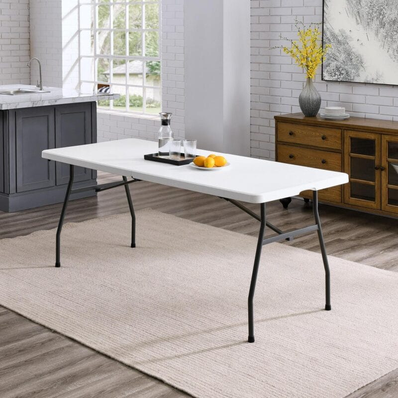 Mainstays White 6 Foot Fold-in-Half Plastic Table, Indoor Outdoor, Scratch Resistant, Stain and UV Damage, Built-in Carry Handle - Image 2