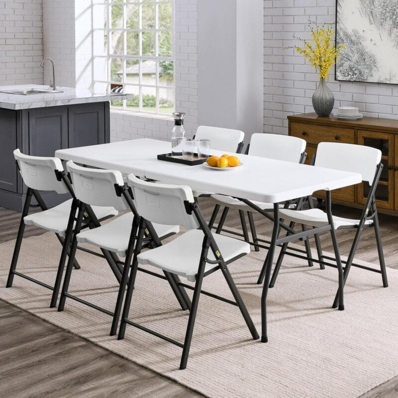 Mainstays White 6 Foot Fold-in-Half Plastic Table, Indoor Outdoor, Scratch Resistant, Stain and UV Damage, Built-in Carry Handle - Image 5