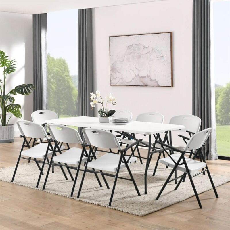 Mainstays White 6 Foot Fold-in-Half Plastic Table, Indoor Outdoor, Scratch Resistant, Stain and UV Damage, Built-in Carry Handle - Image 3