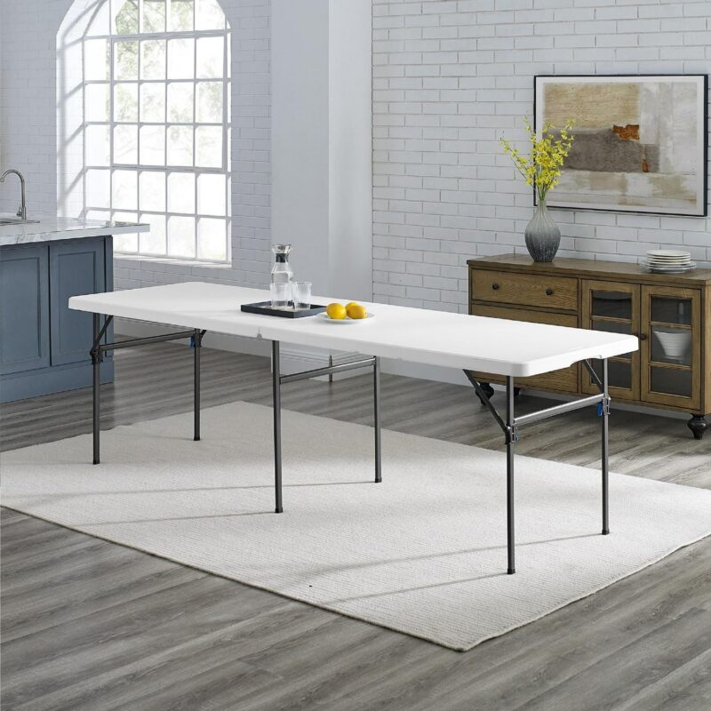 Mainstays White 8 Foot Easy Fold Folding Plastic Table, Heavy Duty, Indoor Outdoor, Stratch Resistant, Stain and UV Damage