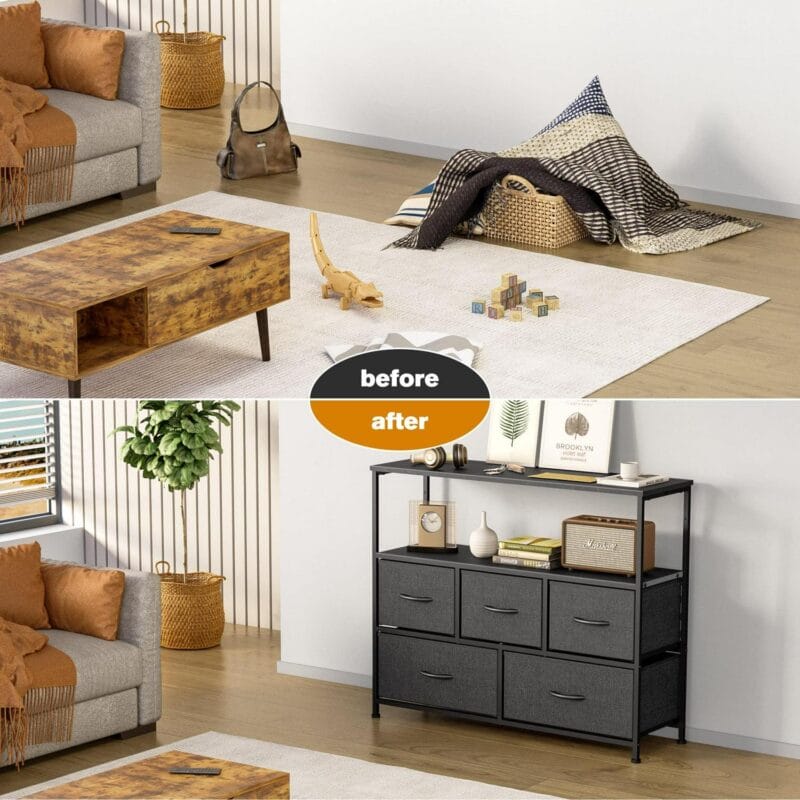 Multi-Purpose Dresser TV Stand with 5 Drawers, Open Shelves and Steel Frame for Bedroom, Living Room, Closet - Fits TV up to 45 Inches, Black - Image 7