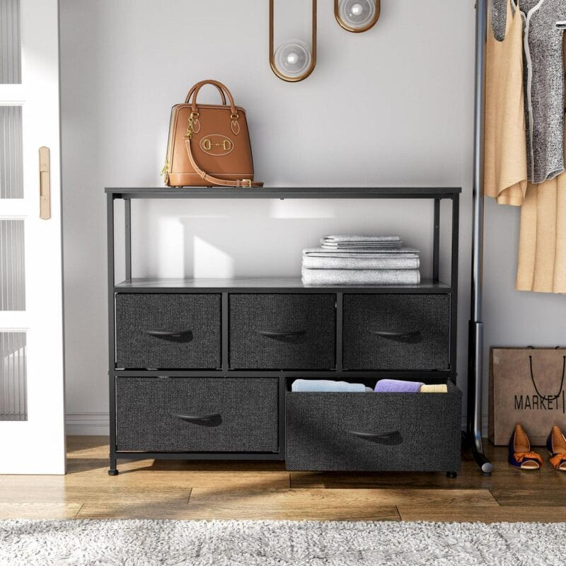 Multi-Purpose Dresser TV Stand with 5 Drawers, Open Shelves and Steel Frame for Bedroom, Living Room, Closet - Fits TV up to 45 Inches, Black - Image 8