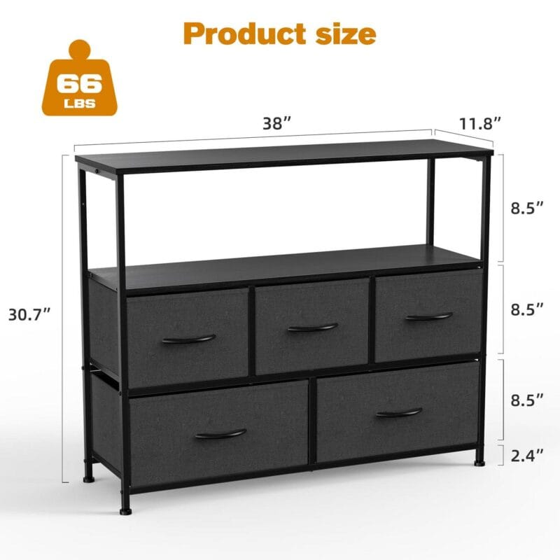 Multi-Purpose Dresser TV Stand with 5 Drawers, Open Shelves and Steel Frame for Bedroom, Living Room, Closet - Fits TV up to 45 Inches, Black - Image 9