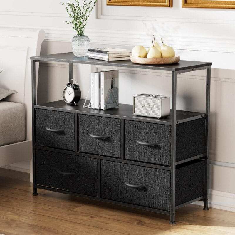 Multi-Purpose Dresser TV Stand with 5 Drawers, Open Shelves and Steel Frame for Bedroom, Living Room, Closet - Fits TV up to 45 Inches, Black