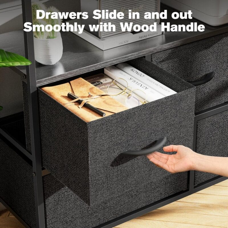 Multi-Purpose Dresser TV Stand with 5 Drawers, Open Shelves and Steel Frame for Bedroom, Living Room, Closet - Fits TV up to 45 Inches, Black - Image 2