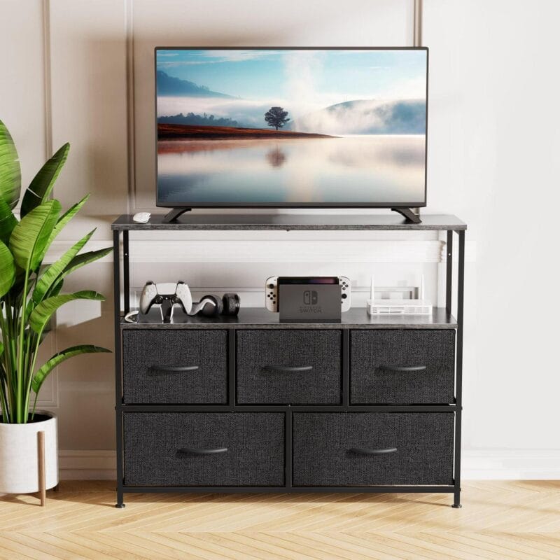 Multi-Purpose Dresser TV Stand with 5 Drawers, Open Shelves and Steel Frame for Bedroom, Living Room, Closet - Fits TV up to 45 Inches, Black - Image 4