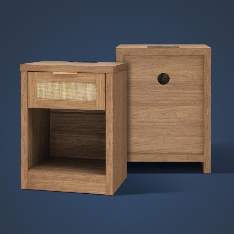 OAKHAM Rattan Nightstand set of 2 with Charging Station, Bedside Table with Type-C/USB Port, Boho Side Tables End Table for Living Room, Bedroom, Weathered Oak - Image 6