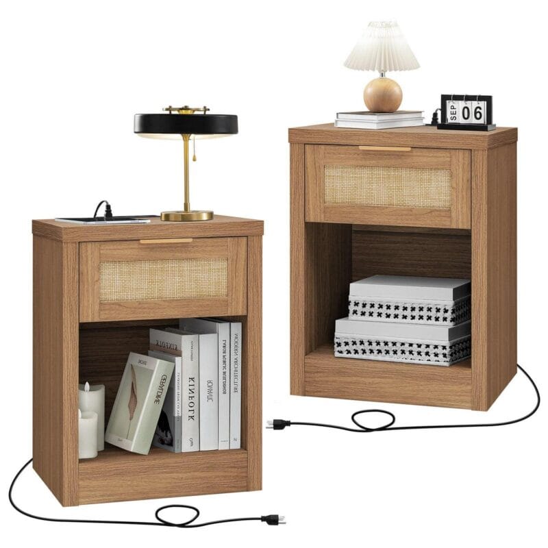 OAKHAM Rattan Nightstand set of 2 with Charging Station, Bedside Table with Type-C/USB Port, Boho Side Tables End Table for Living Room, Bedroom, Weathered Oak